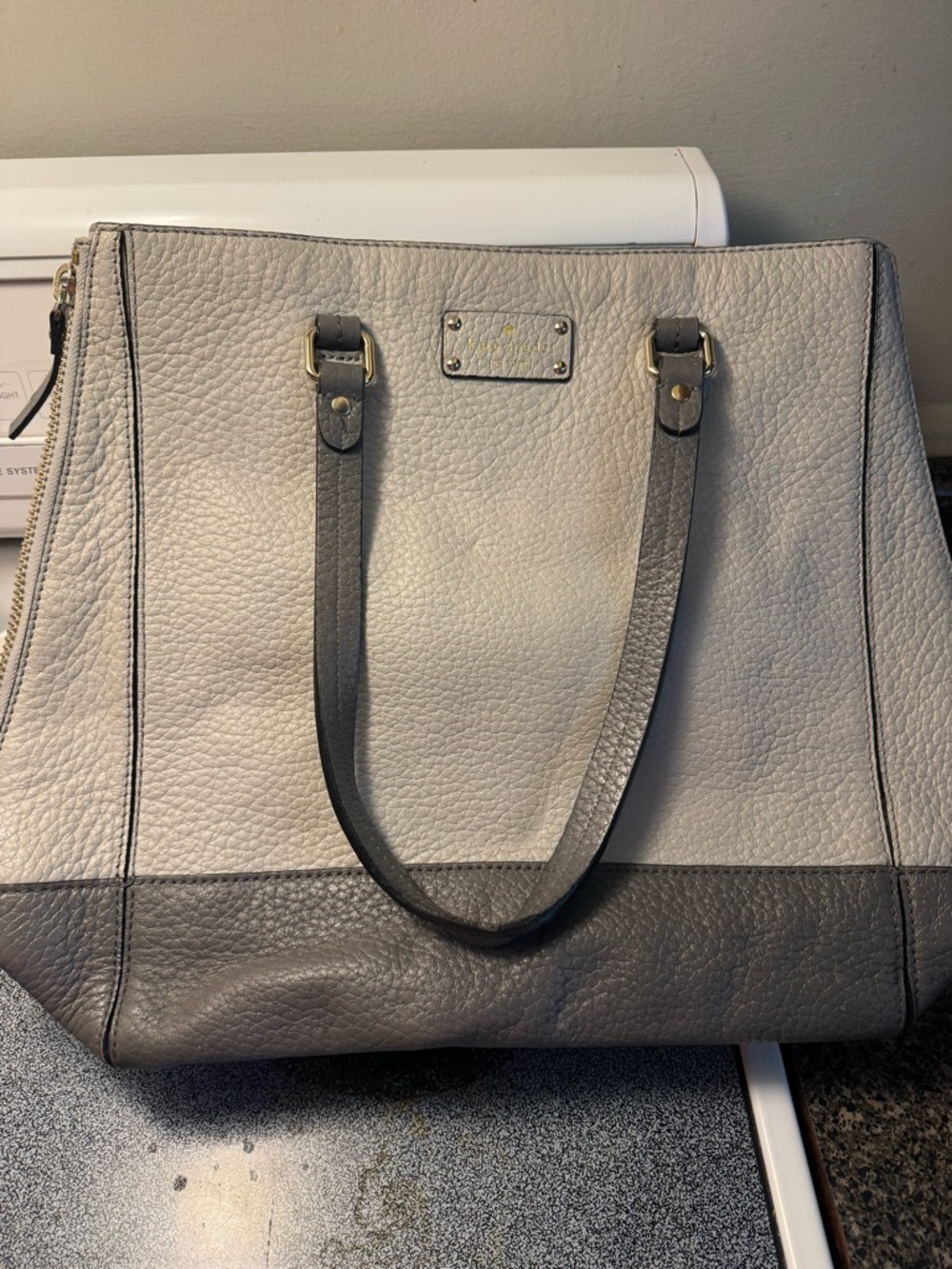 Kate Spade Pebbled Leather Tote in Light Gray with Gold Hardware